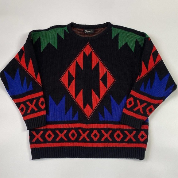 Southwestern Aztec Sweater Red Black Green Boho - Picture 3 of 7